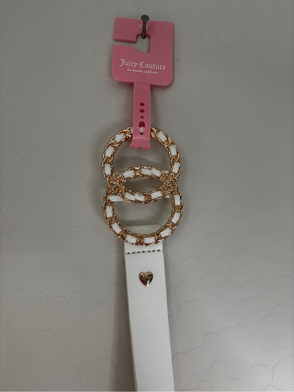 Juicy Couture White Belt with Gold Triple Chain Rings and Heart Accent